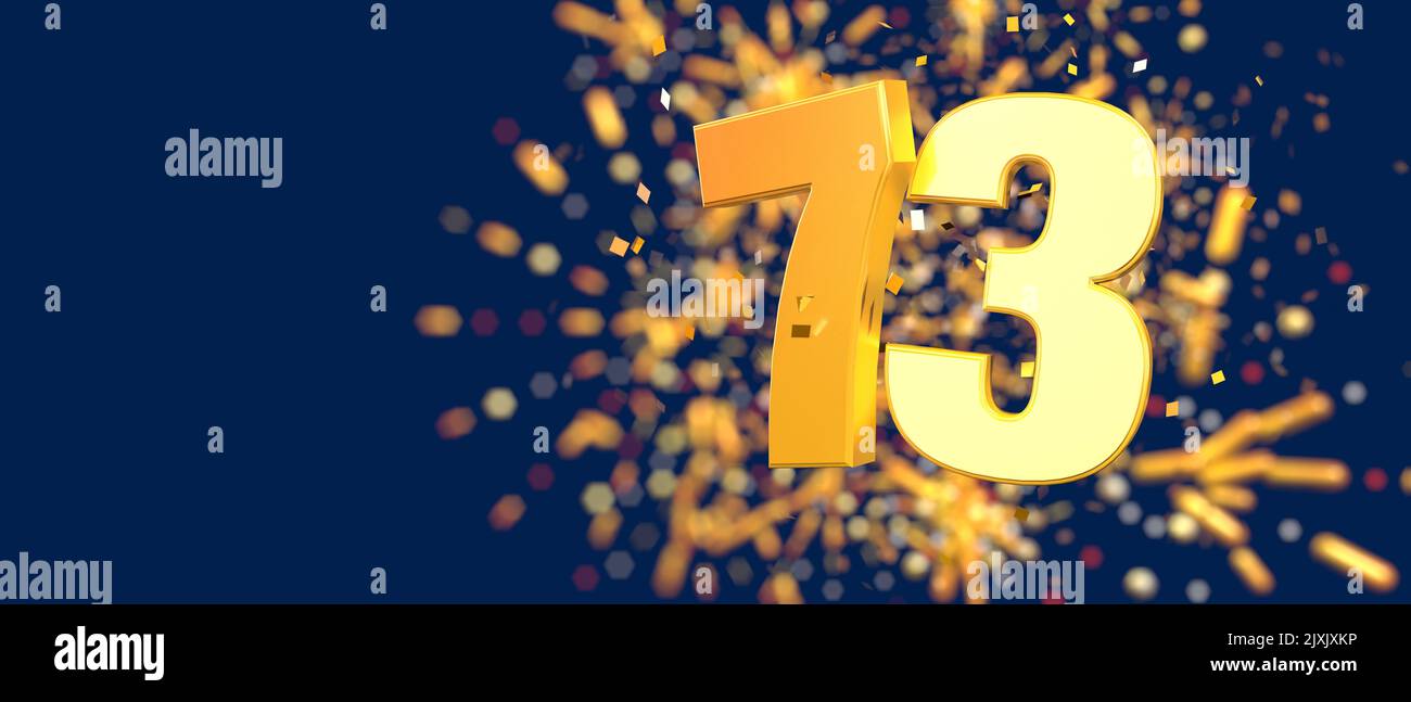 Gold number 73 in the foreground with gold confetti falling and fireworks behind out of focus against a dark blue background. 3D Illustration Stock Photo