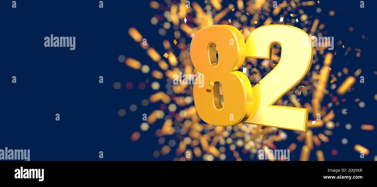 Gold number 82 in the foreground with gold confetti falling and fireworks behind out of focus against a dark blue background. 3D Illustration Stock Photo
