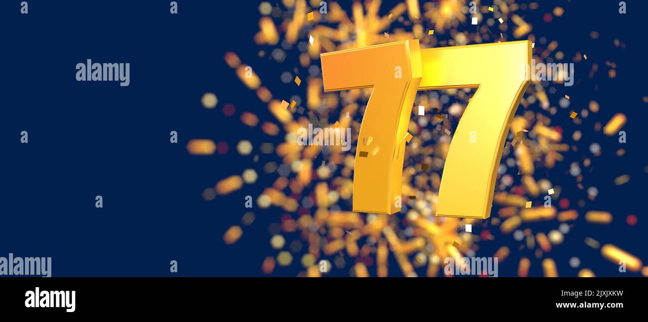 Gold number 77 in the foreground with gold confetti falling and fireworks behind out of focus against a dark blue background. 3D Illustration Stock Photo