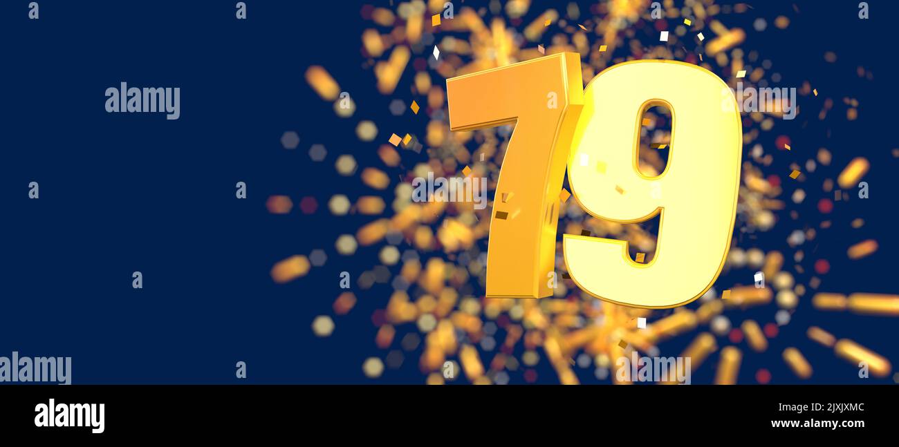 Gold number 79 in the foreground with gold confetti falling and fireworks behind out of focus against a dark blue background. 3D Illustration Stock Photo