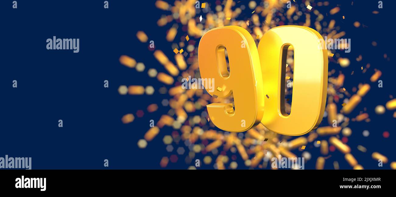 Gold number 90 in the foreground with gold confetti falling and fireworks behind out of focus against a dark blue background. 3D Illustration Stock Photo