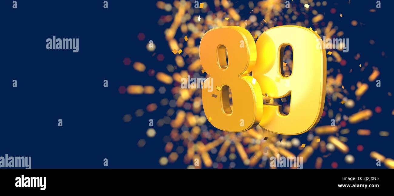 Gold number 89 in the foreground with gold confetti falling and fireworks behind out of focus against a dark blue background. 3D Illustration Stock Photo