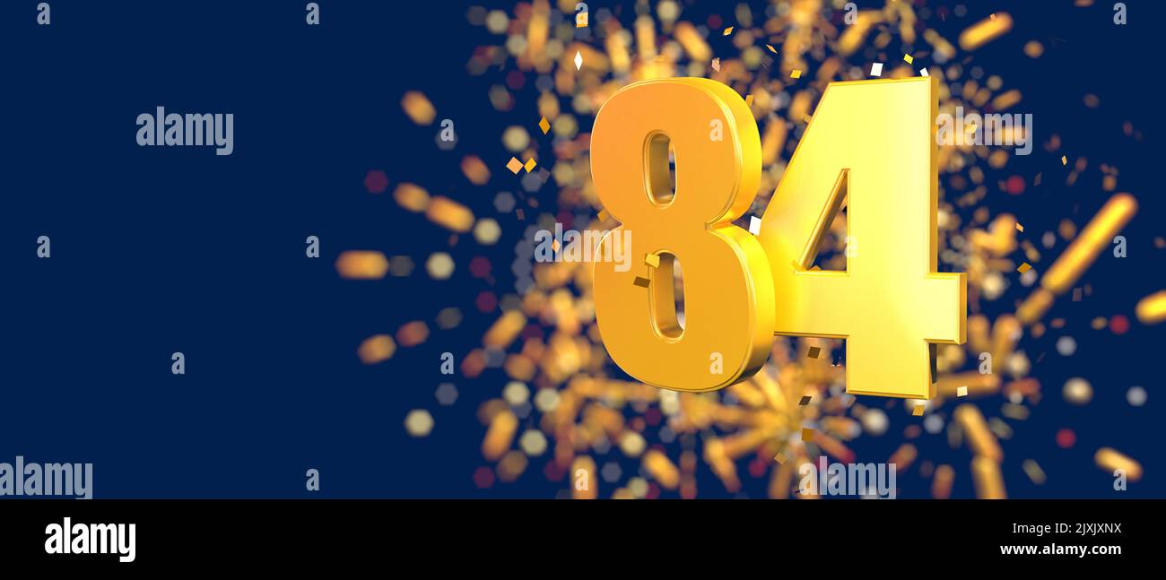 Gold number 84 in the foreground with gold confetti falling and fireworks behind out of focus against a dark blue background. 3D Illustration Stock Photo