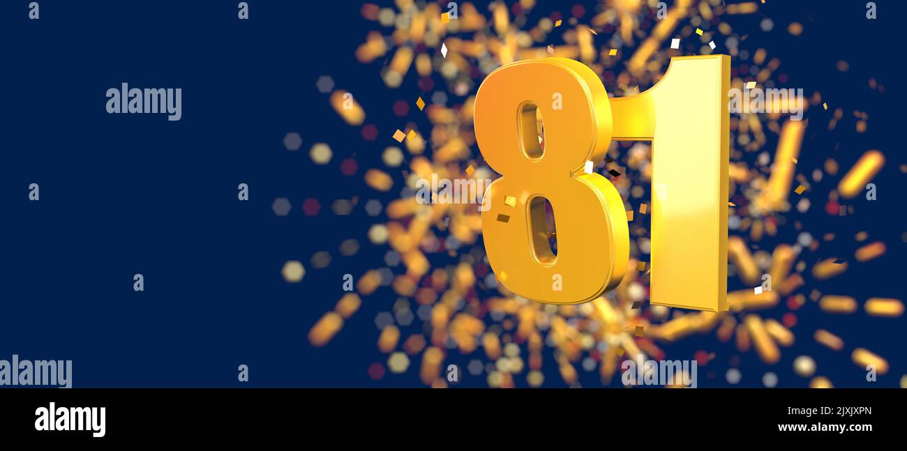 Gold number 81 in the foreground with gold confetti falling and fireworks behind out of focus against a dark blue background. 3D Illustration Stock Photo