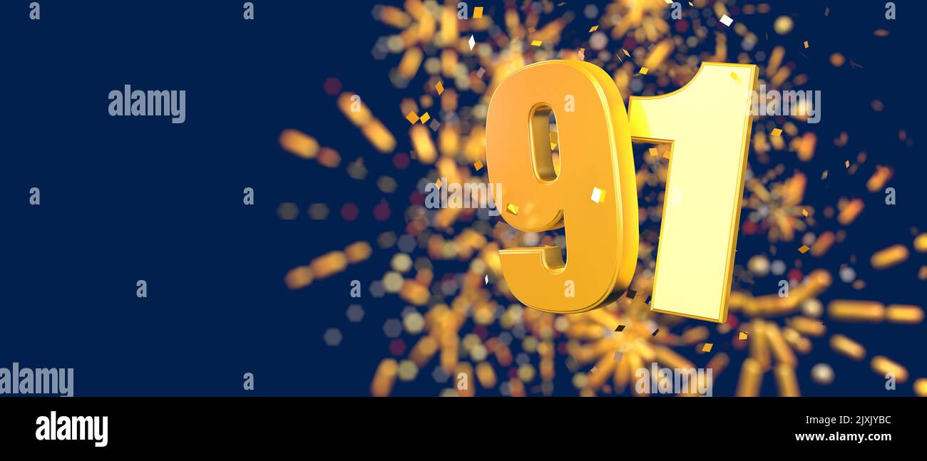 Gold number 91 in the foreground with gold confetti falling and fireworks behind out of focus against a dark blue background. 3D Illustration Stock Photo