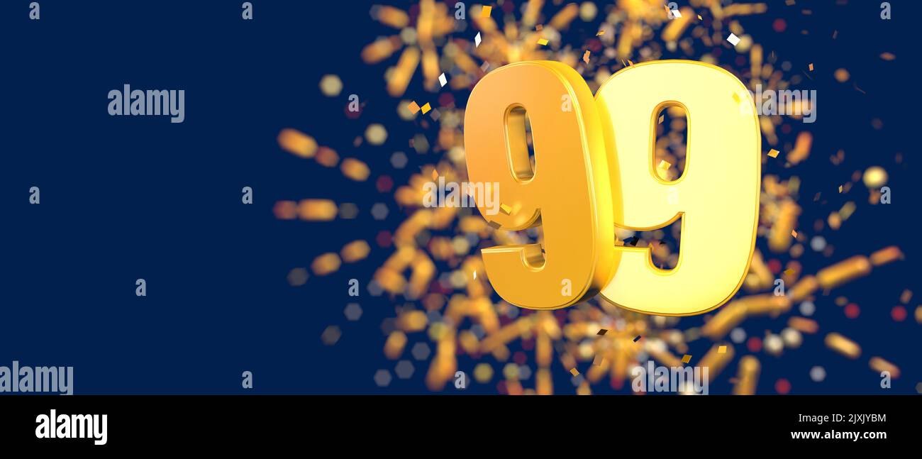 Gold number 99 in the foreground with gold confetti falling and fireworks behind out of focus against a dark blue background. 3D Illustration Stock Photo