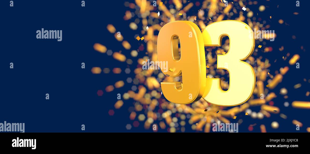 Gold number 93 in the foreground with gold confetti falling and fireworks behind out of focus against a dark blue background. 3D Illustration Stock Photo