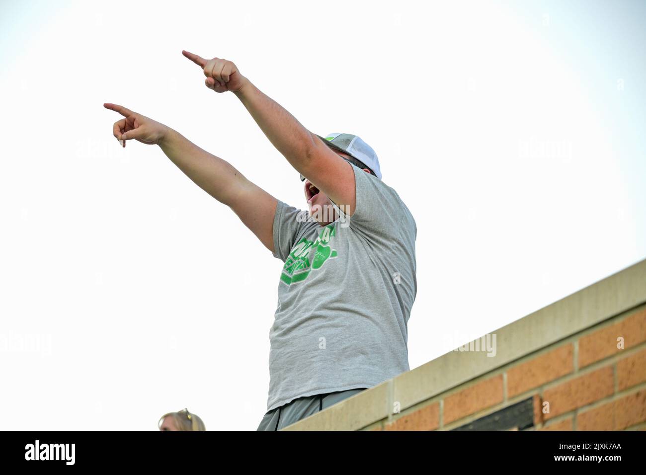 DENTON, TX - September 3rd: .North Texas Mean Green fan celebrates a TD In a game between North Texas Mean Green vs SMU Mustangs at Apogee Stadium in Denton on September 3rd, 2022 in Denton, Texas. CSM/Manny Flores Stock Photo