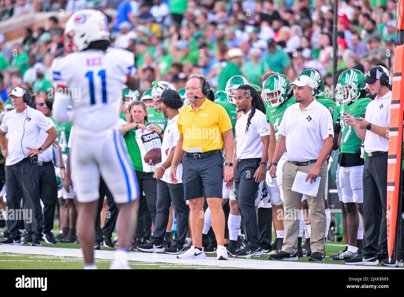 DENTON, TX - September 3rd: .UNT Mean Green Phil Bennett DC on the sidelines .In a game between North Texas Mean Green vs SMU Mustangs at Apogee Stadium in Denton on September 3rd, 2022 in Denton, Texas. CSM/Manny Flores Stock Photo