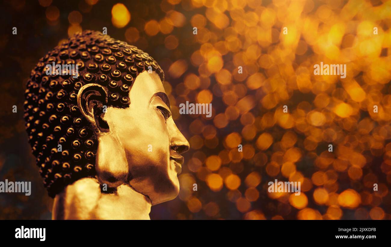 Buddha Head profile in gold. Celebration Religious Festival Buddhist Concept Stock Photo