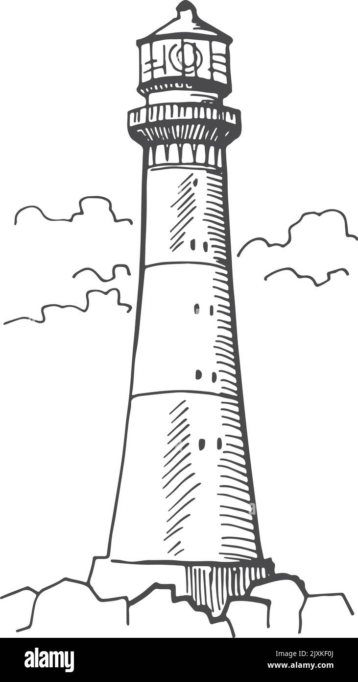 Lighthouse engraving. Hand drawn coast signal tower Stock Vector Image ...