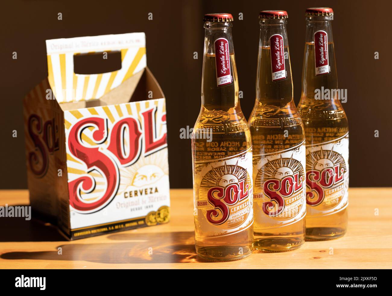 London UK - 24th August 2019 - Sol beer bottles and box on a table Stock Photo