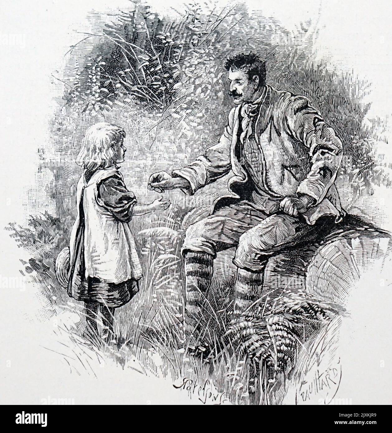 Illustration depicting an escaped convict bribing a child to feed him. Dated 19th Century Stock Photo