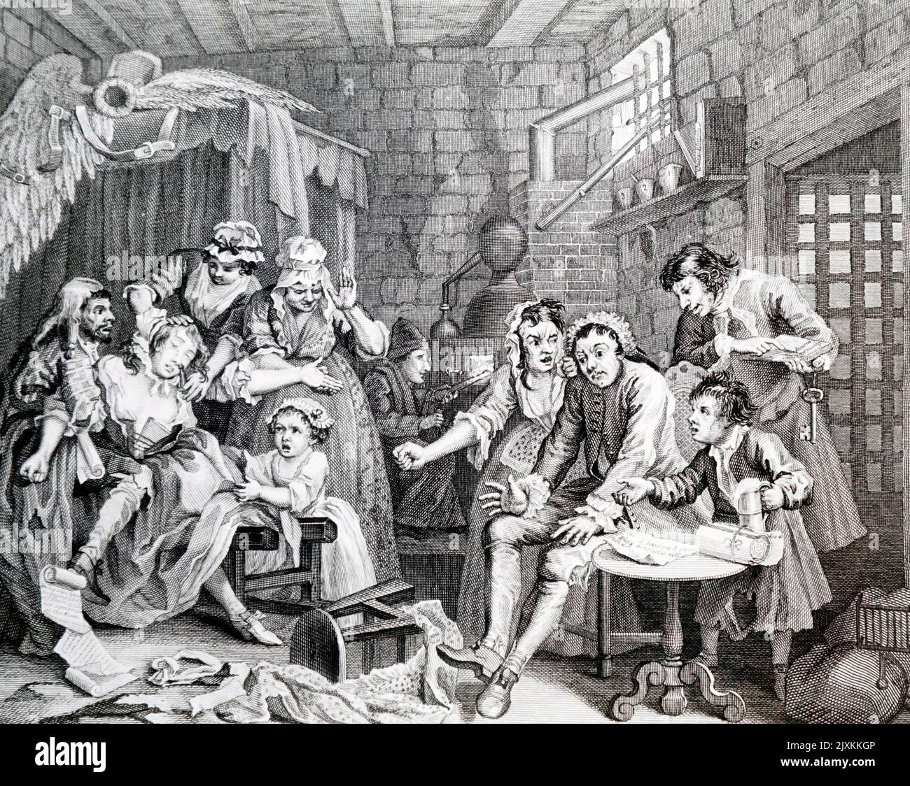 Engraving titled 'The Rake's Progress' by William Hogarth (1697-1764) depicting the Rake in the Debtor's Prison. Dated 18th Century Stock Photo