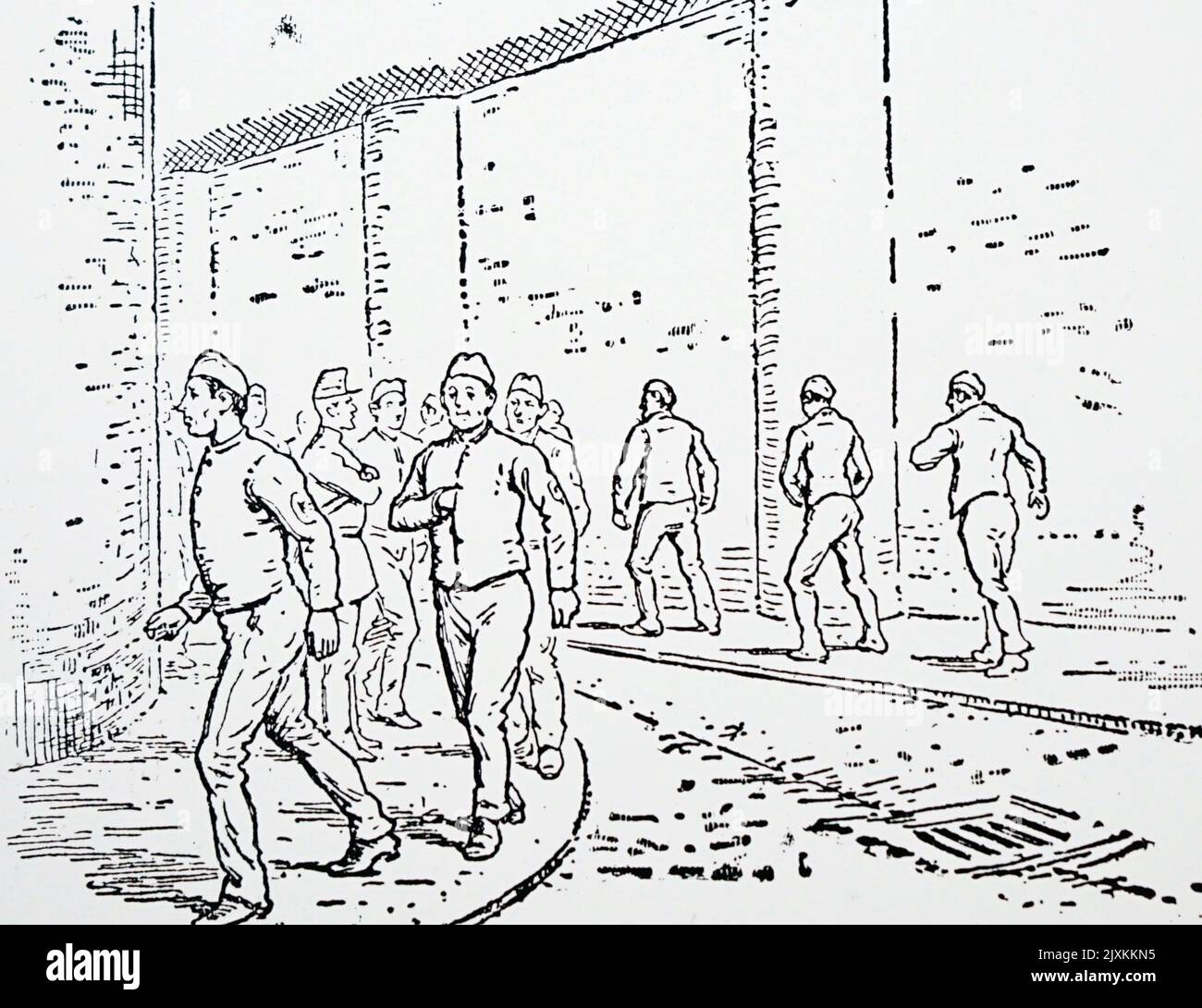 Illustration depicting prisoners in the exercise yard of an English