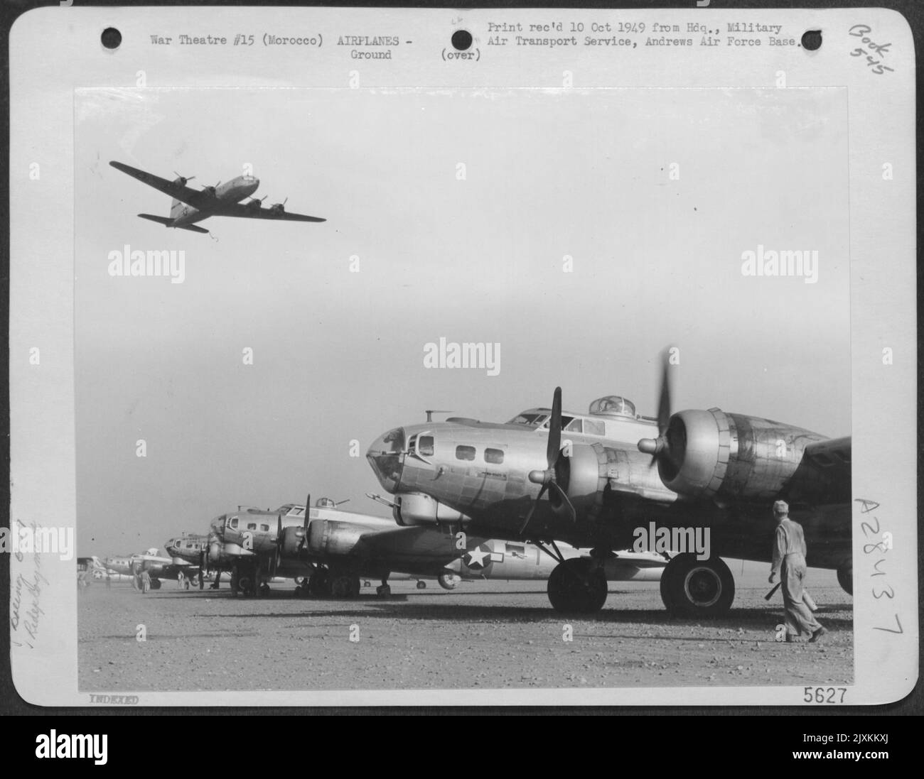 GOING HOME--Boeing B-17's, only a few months ago plaguing Naziland, line up at Marrakech, French Morocco, on their first step home. More than 2,500 bombers have flown through Marrakech, main channel of aircraft redeployment, since V-E Day. Stock Photo