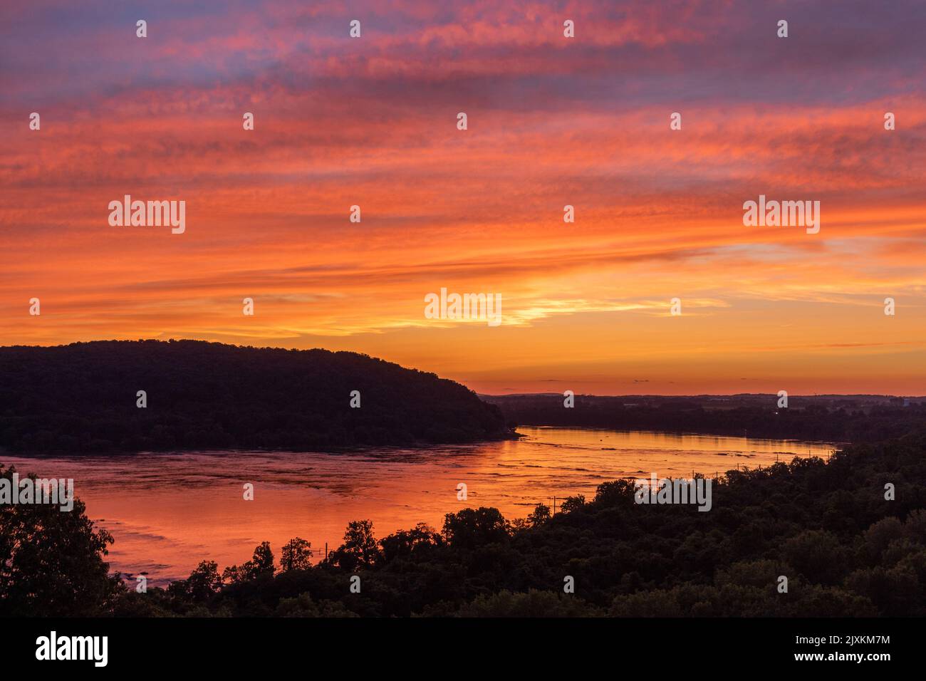 A beautiful sunset over the susquehanna river from Chickies rock in Columbia Pennsylvania. Stock Photo