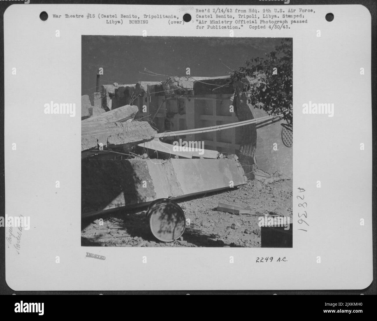 Bomb-shattered administrative buildings on the airfield at Castel Benito, Tripolitania, Libya, the most important airbase around Tripoli. The Regia Aeronautica had permanent quarters there until the Allies moved in. 26 January 1943. Stock Photo
