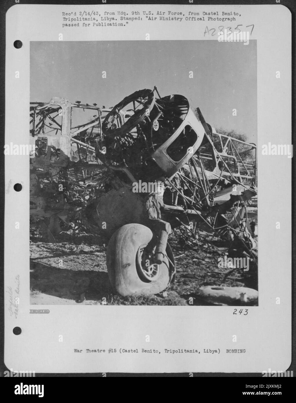 Wrecked landing gear still standing in the wreckage of an enemy aircraft on the landing ground at Castel Benito airfield near Tripoli, Tripolitania, Libya. 26 January 1943. Stock Photo