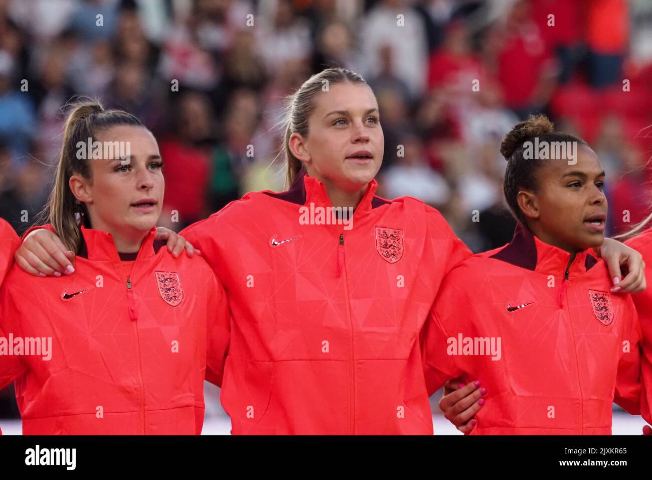 Stoke On Trent, UK. 06th Sep, 2022. Stoke-on-Trent, England, September 6th 2022: Ella Toone (10 England) Alessia Russo (9 England) and Nikita Parris (7 England) during the FIFA WWC Qualifier match between England and Luxembourg at Bet365 Stadium in Stoke-on-Trent, England (Natalie Mincher/SPP) Credit: SPP Sport Press Photo. /Alamy Live News Stock Photo