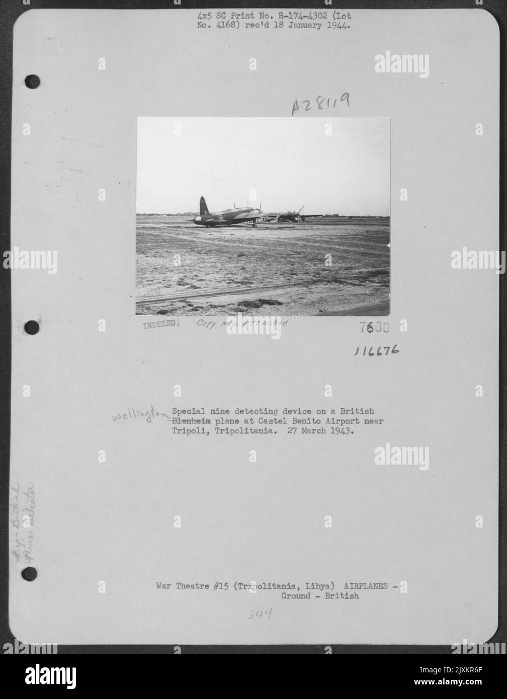 Special mine detecting device on a British Wellington plane at Castel Benito Airport near Tripoli, Tripolitania. 27 March 1943. Stock Photo