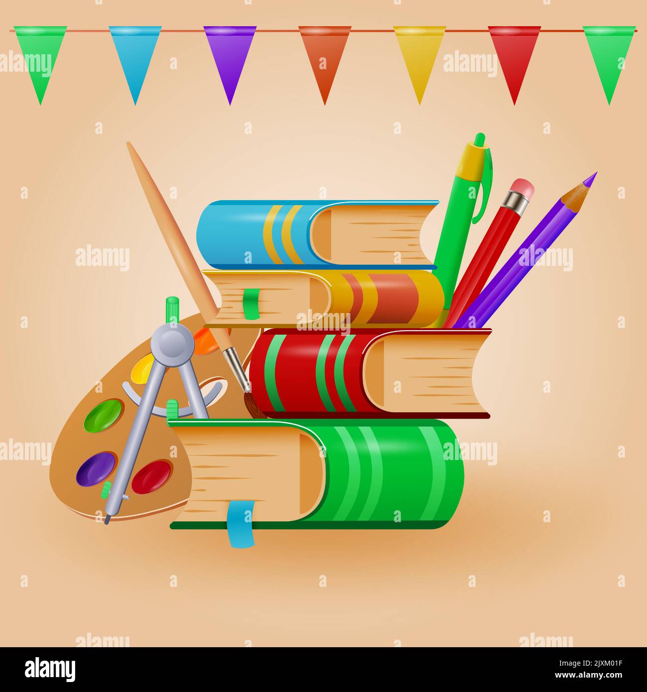 Colorful banner with school stationery and books. School design in cartoon style. Vector illustration. Stock Vector