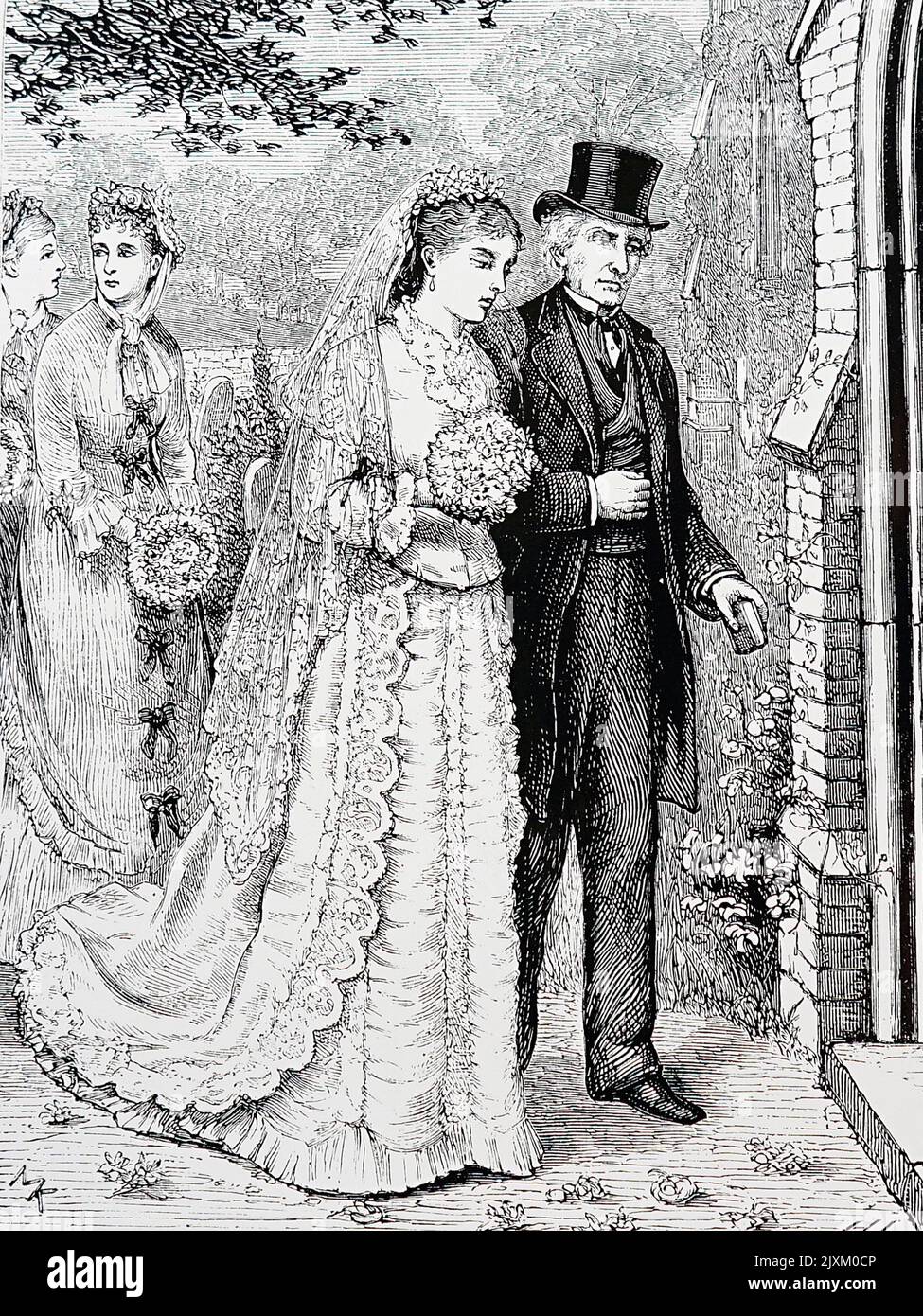 Illustration depicting the bride entering the church with her father. Dated 19th Century Stock Photo