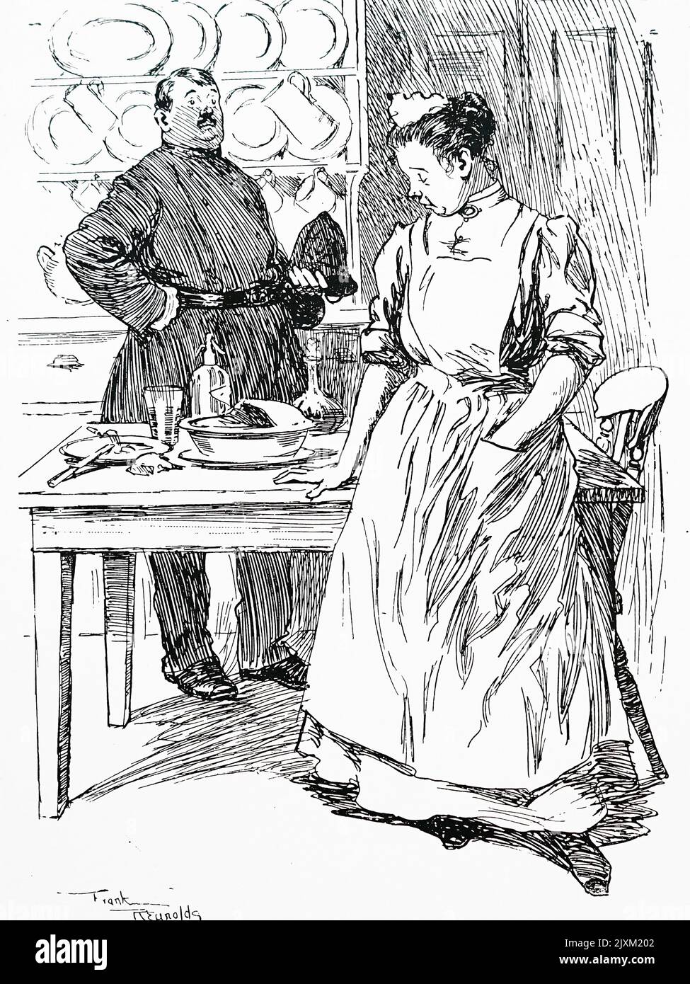 Cartoon depicting a husband leaving for his shift wearing his police uniform. Dated 19th Century Stock Photo