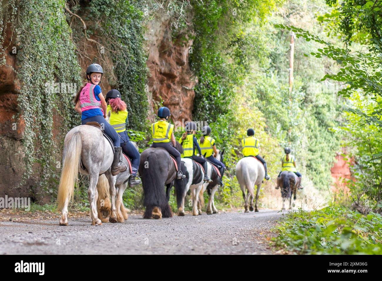 Rear view of young horse riders on a rural hack through UK woodland, the last rider looking back. Stock Photo