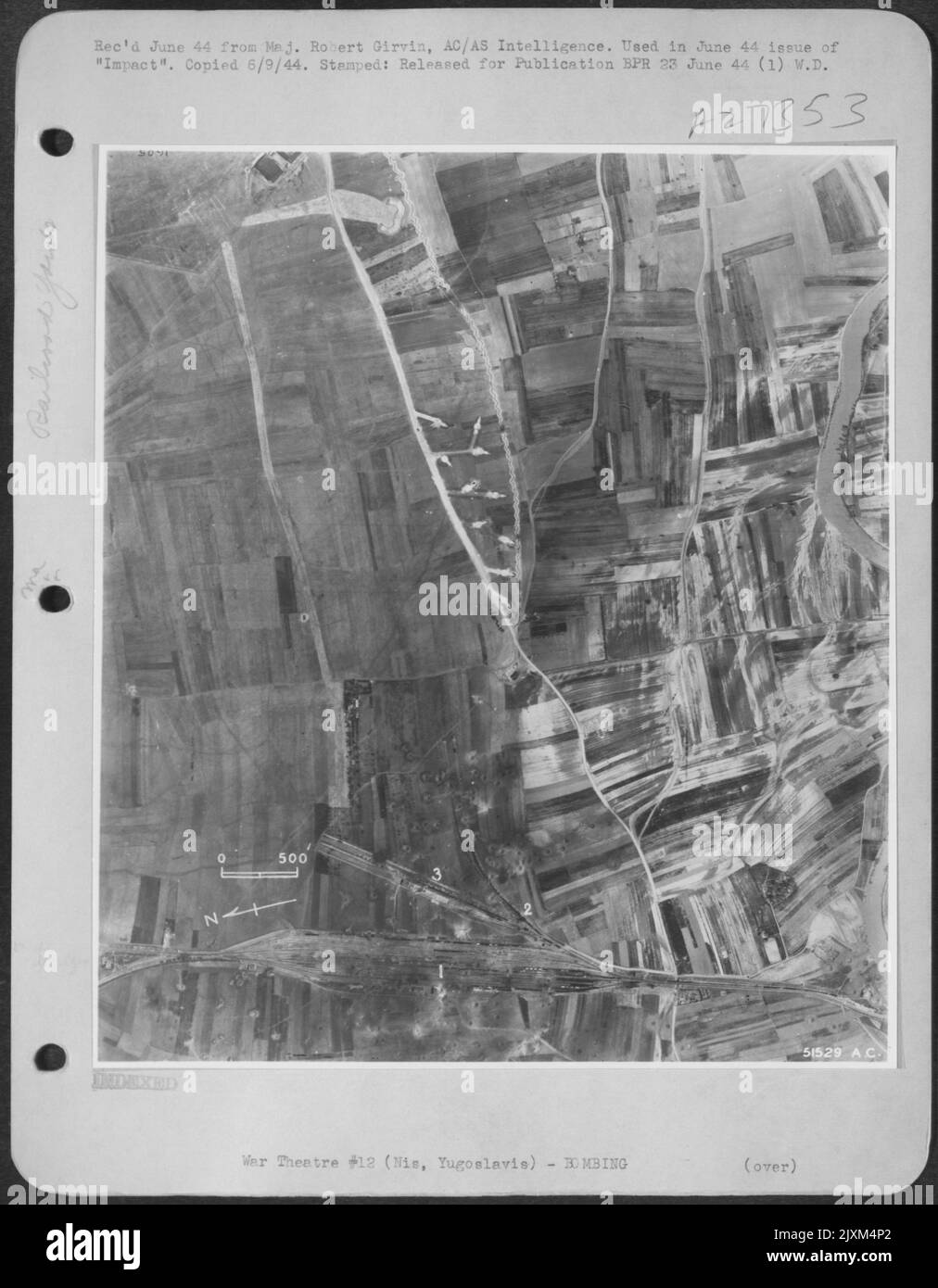 Results of bombing: (1) tracks cut, cars destroyed, (2) siding cut, (3 ...