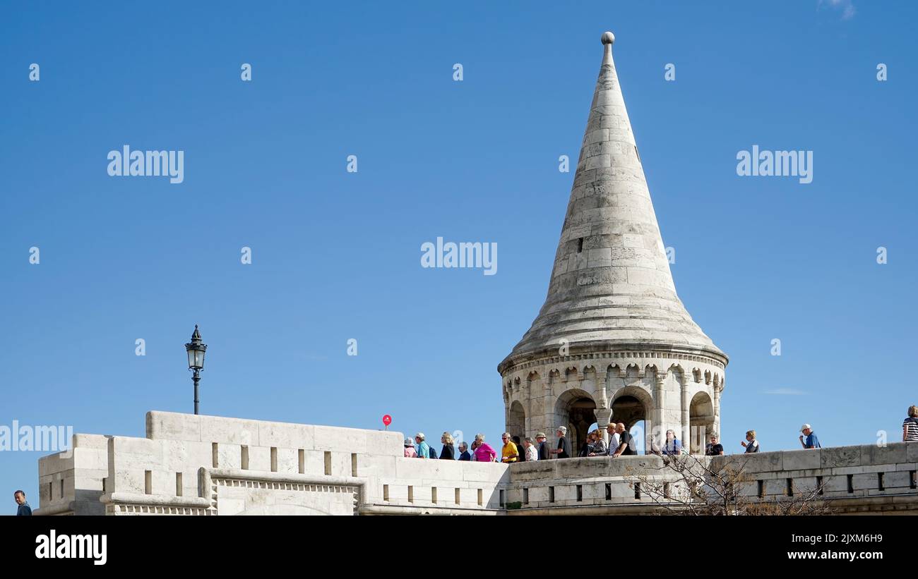 Budapest, Hungary - September 21 : Tourists exploring Fishermans Bastion in Budapest on September 21, 2014. Unidentified people Stock Photo