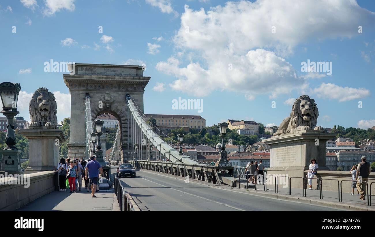 Budapest, Hungary - September 21 : View across the Chain Bridge in Budapest on September 21, 2014. Unidentified people Stock Photo