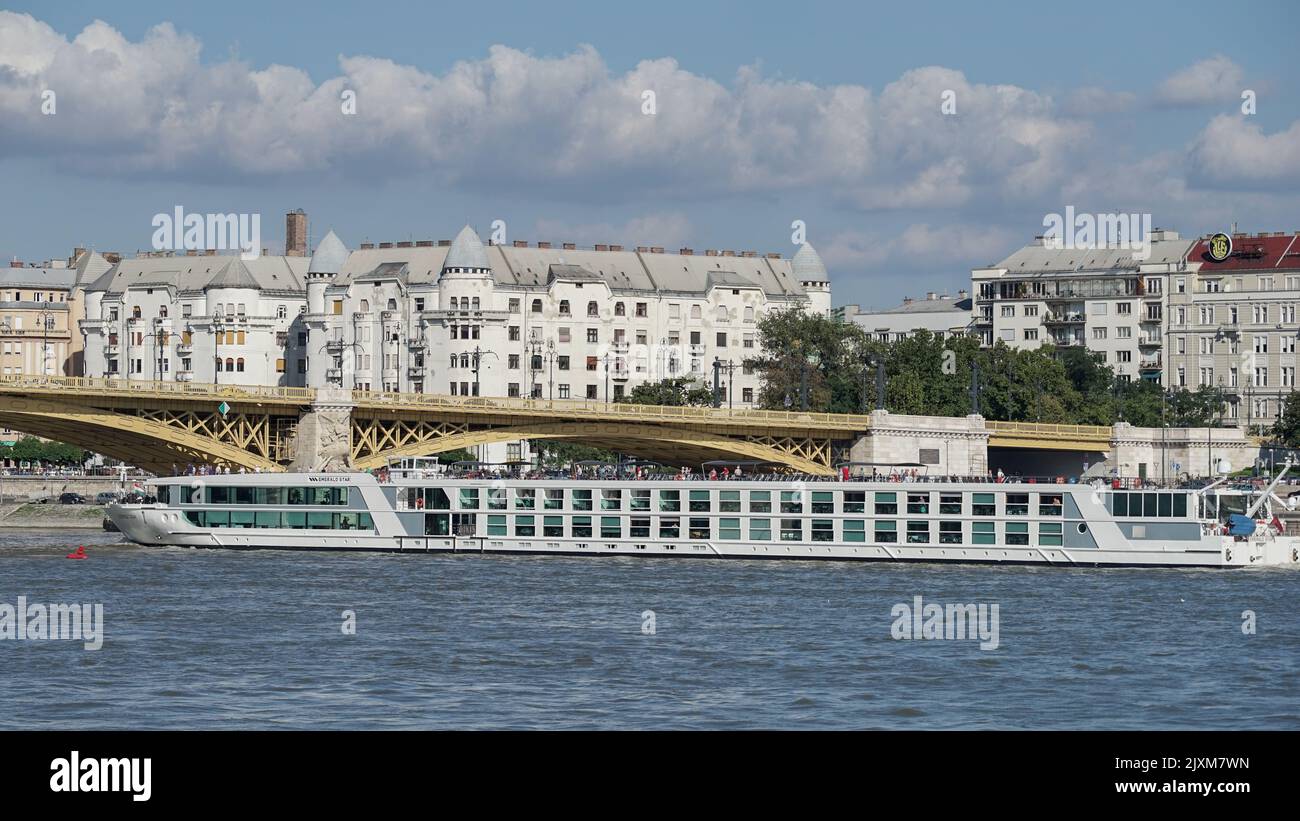 Budapest, Hungary - September 21 : River Cruise along the Danube River in Budapest on September 21, 2014. Unidentified people Stock Photo