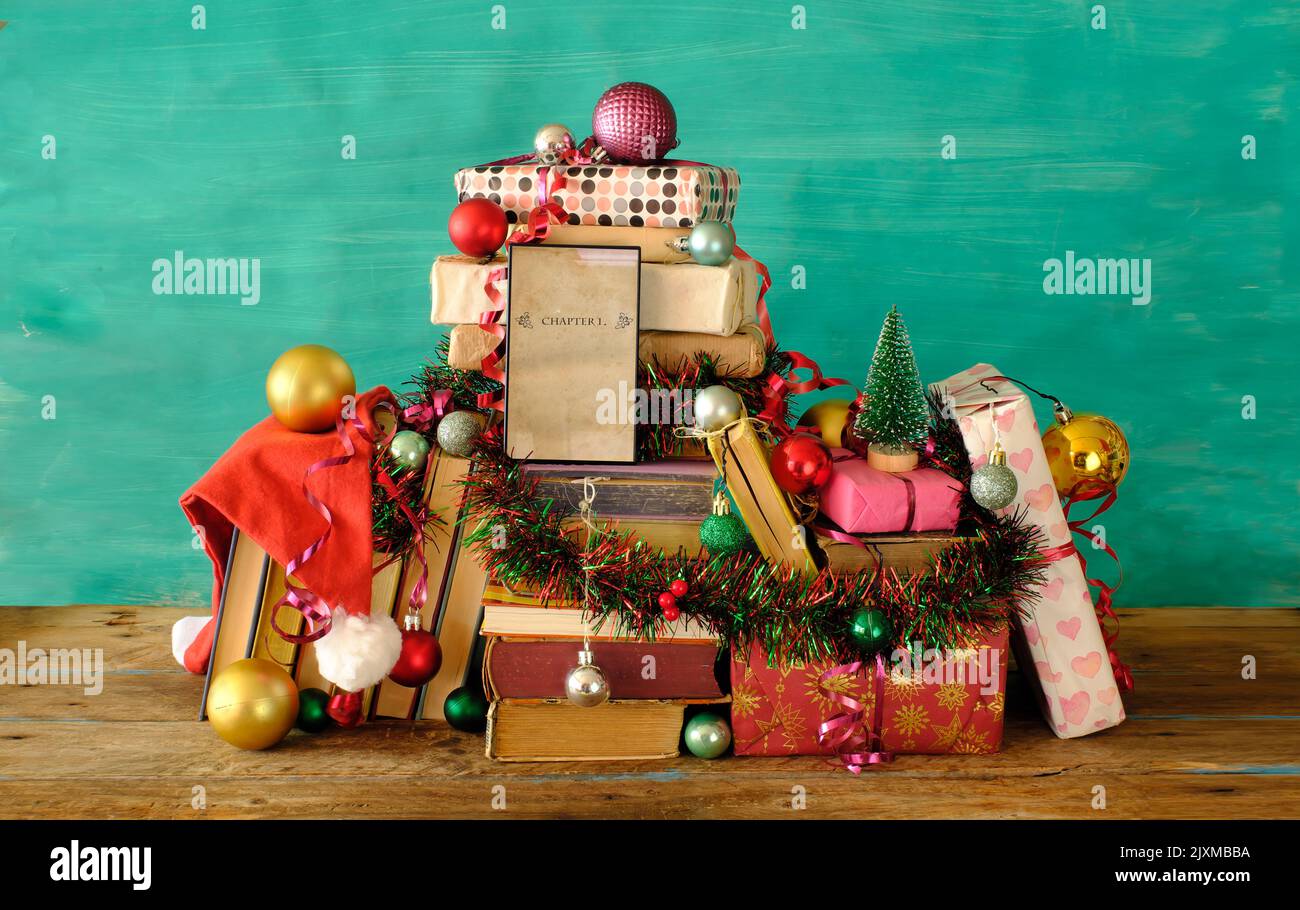E books as christmas gift,reading,literature,education,digital book, e reader, christmas tree and decoration Stock Photo