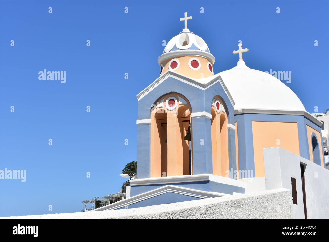 Catholic Church of Saint Stylianos in Fira,  Thera, Santorini island, Cyclades islands, Greece, Europe. Agios Stylianos Paphlagonia  the Hermit. Stock Photo