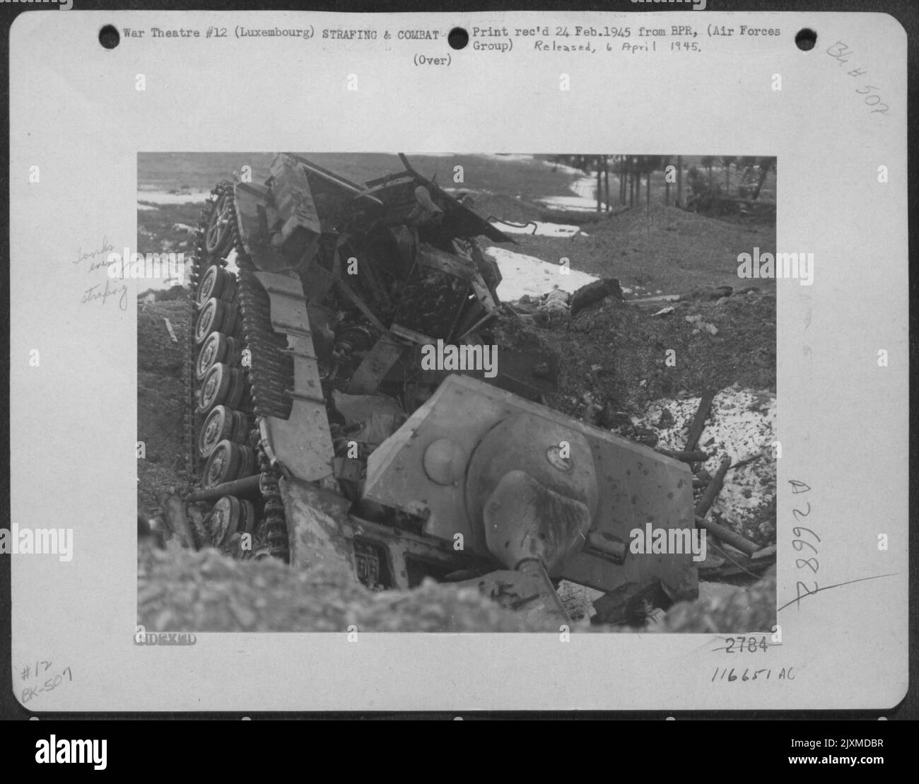 A Self-Propelled [Jagdpanzer Iv Anti-Tank] Gun On A Mark Iv Tank Chassis Lies Smashed In A Bomb Crater Near Marnach, 3 Miles West Of Dasburg, Destroyed By Fighter-Bombers Of The Xix Tac During Mass German Withdrawal Across The Our River Jan 22-25, 1945. Stock Photo