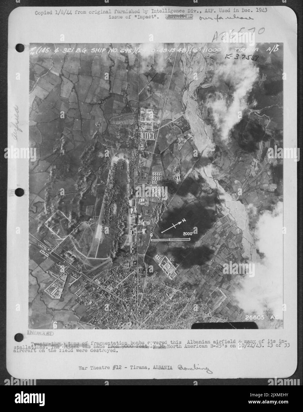 Twenty-three tons of fragmentation bombs covered this Albanian airfield & many of its installations. The attack was made from 9000 feet by 36 North American B-25's on 10/24/43. 13 of 33 aircraft on the field were destroyed. Stock Photo