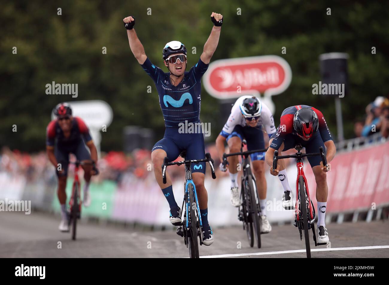 Movistar Team’s Gonzalo Serrano crosses the line ahead of INEOS Grenadiers Thomas Pidcock to win stage four of the AJ Bell Tour of Britain from Redcar to Duncombe Park, Helmsley. Picture date: Wednesday September 7, 2022. Stock Photo