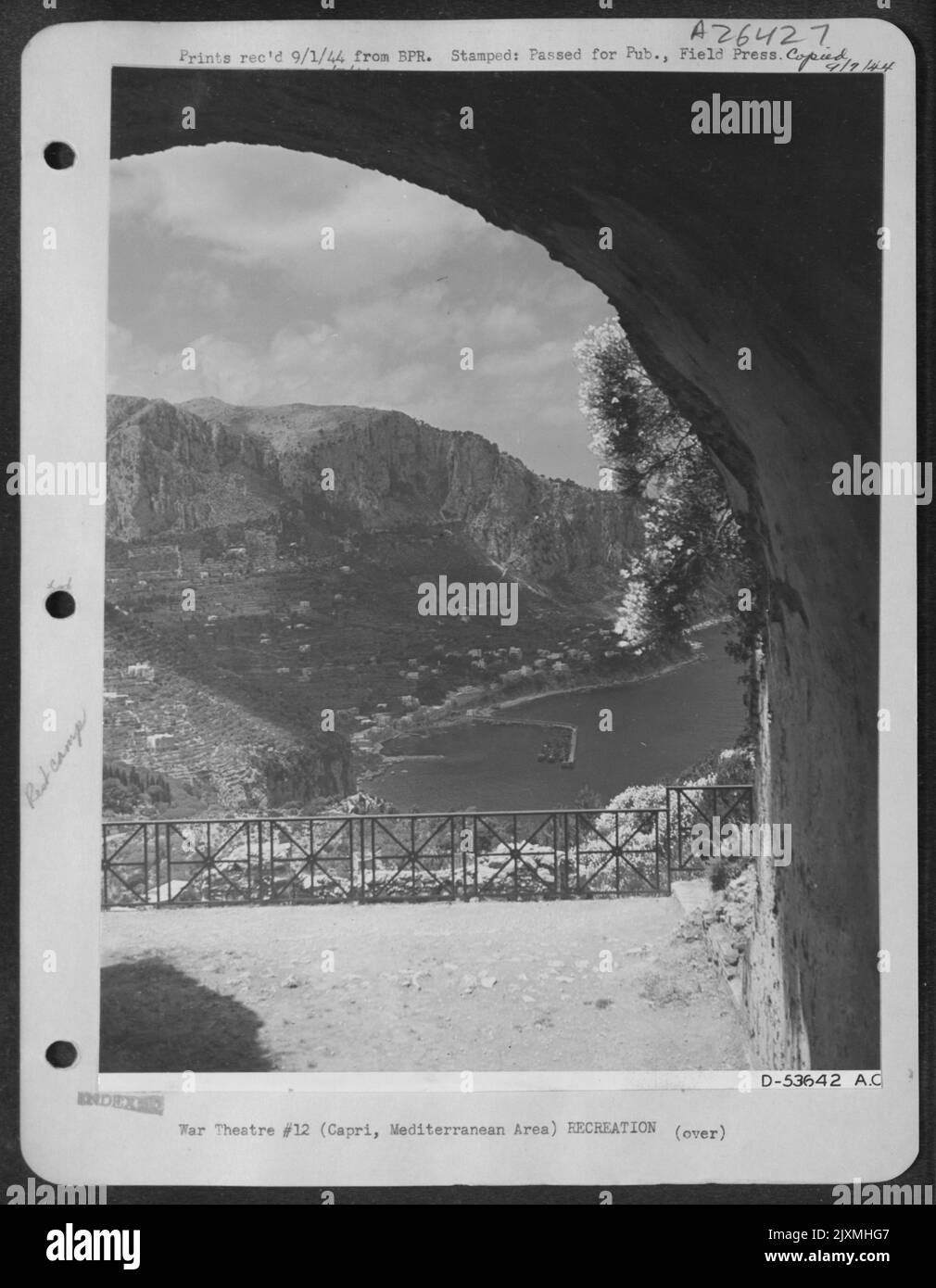 Looking out from Tiberius's Villa at the northeast end of the Island of Capri, scene of MAAF Rest Camp. Stock Photo