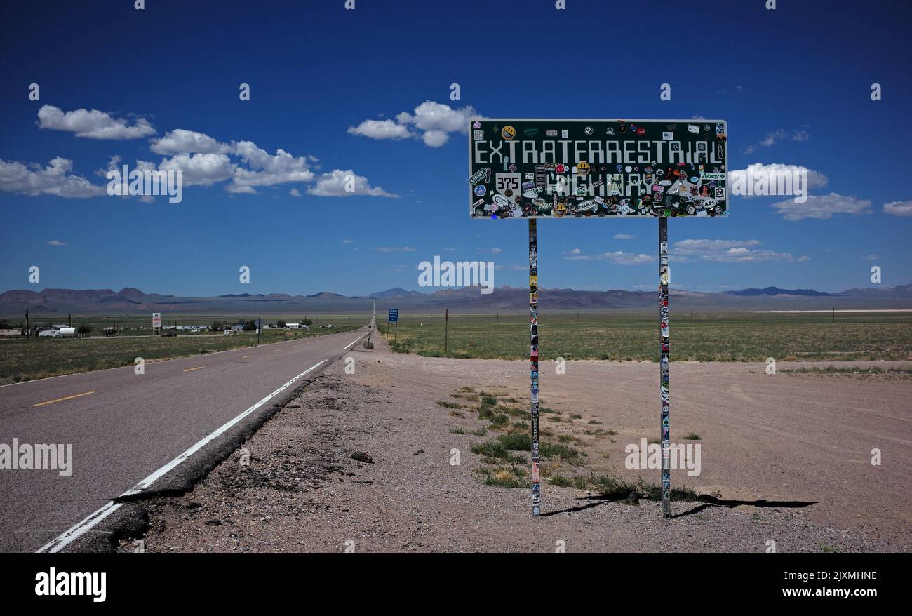 Signs announce the Extraterrestrial Highway NV-375 in Rachel, Nevada. Stock Photo
