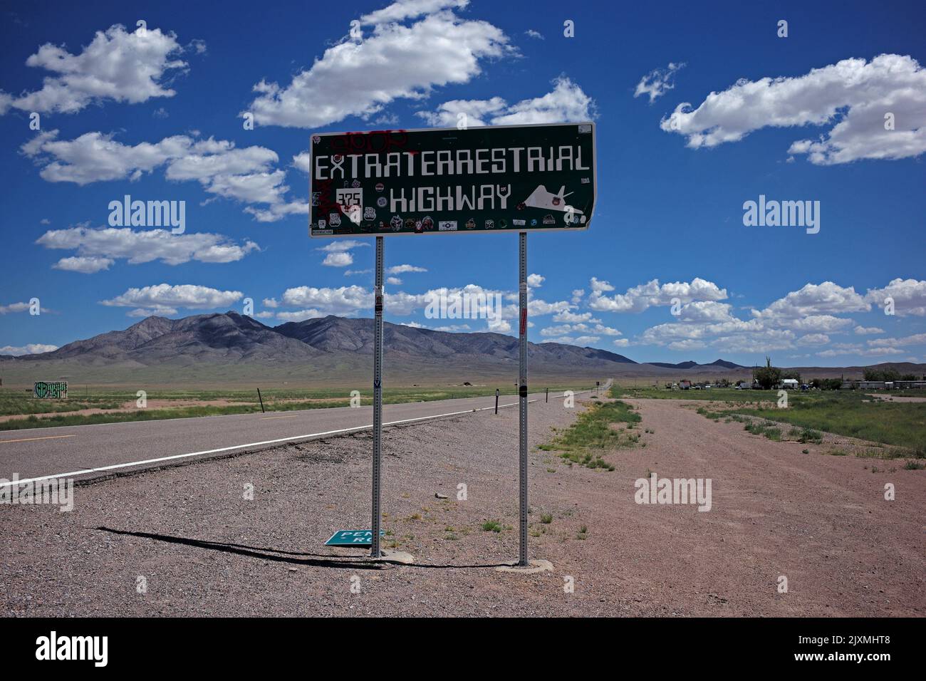 Signs announce the Extraterrestrial Highway NV-375 in Rachel, Nevada. Stock Photo