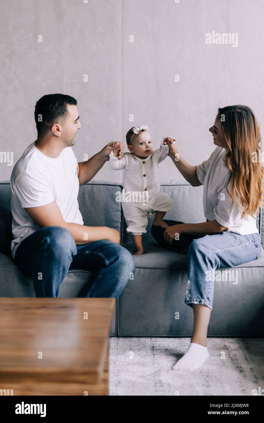 Photo of young cheerful family happy positive smile mommy daddy