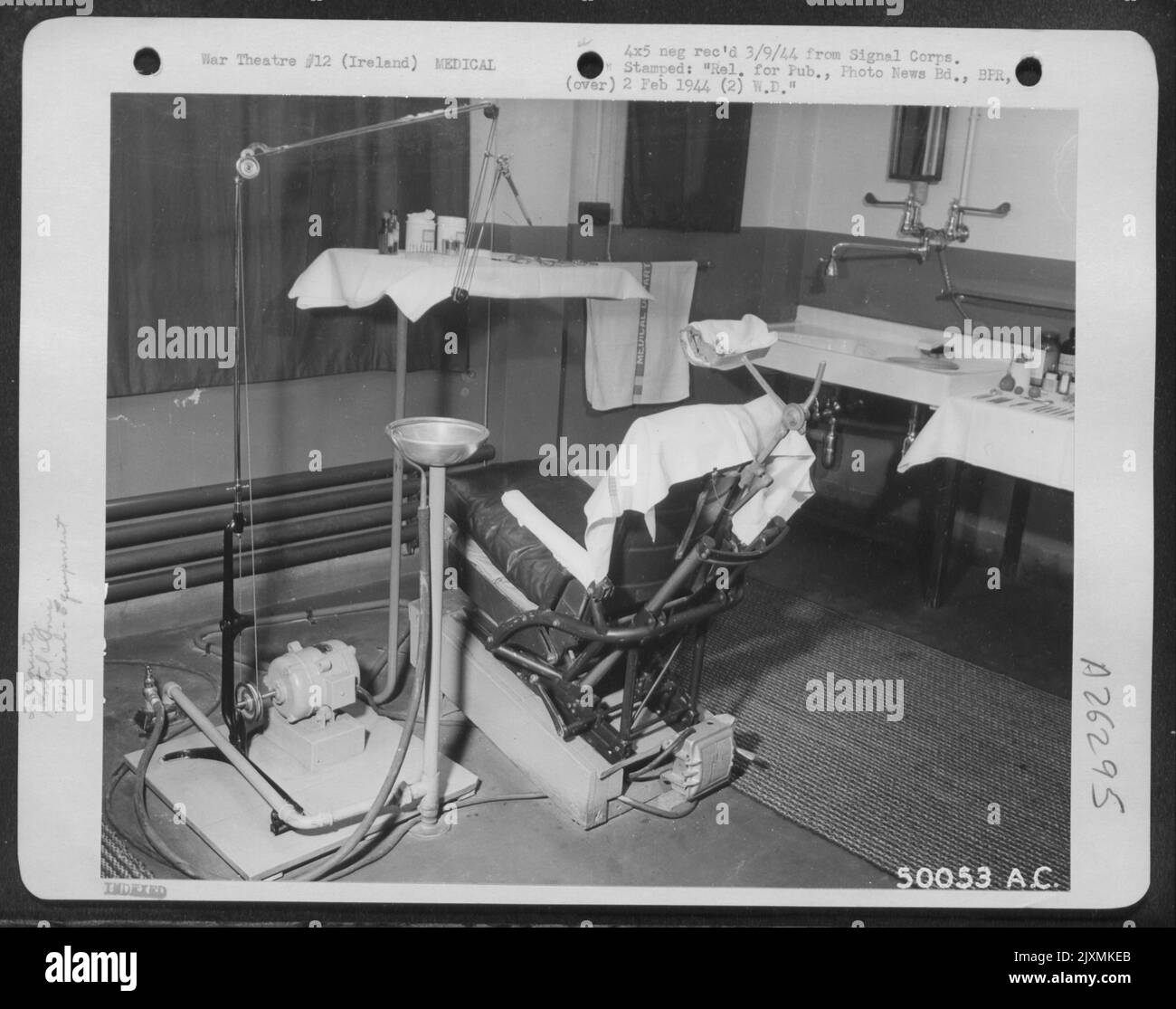 IRELAND-View of improvised dental chair in clinic of U.S. AAF Station in Northern Ireland. Stock Photo