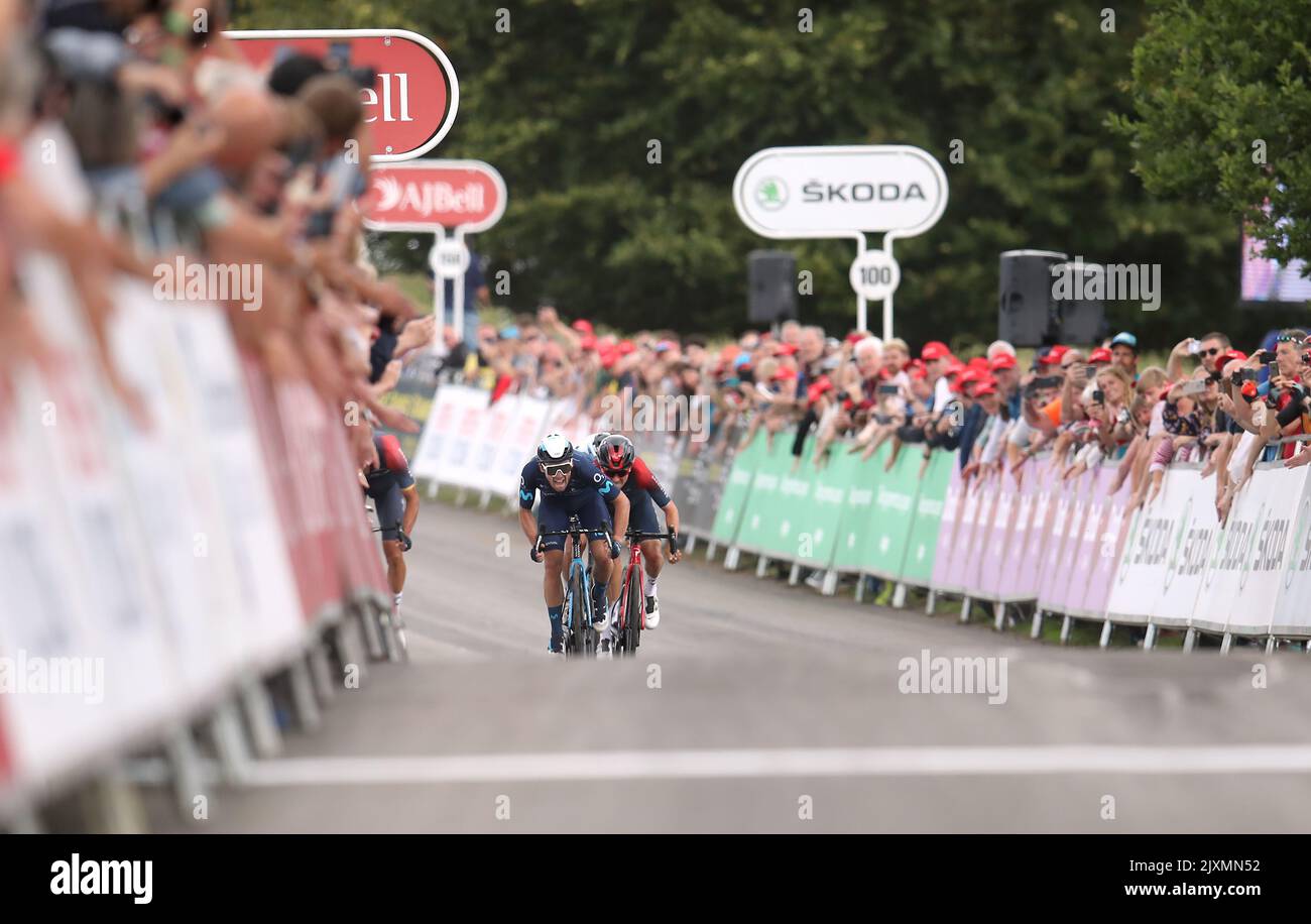 Movistar Team’s Gonzalo Serrano sprints to the line ahead of INEOS Grenadiers Thomas Pidcock (right) to win stage four of the AJ Bell Tour of Britain from Redcar to Duncombe Park, Helmsley. Picture date: Wednesday September 7, 2022. Stock Photo