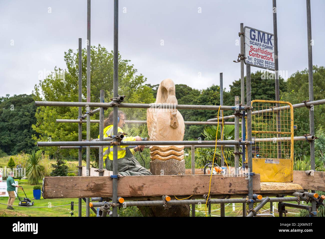 Swan carving by hand using a tree trunk on a public path. Power tools are used to carve and refine the shape of the swan. The workman works on an encl Stock Photo