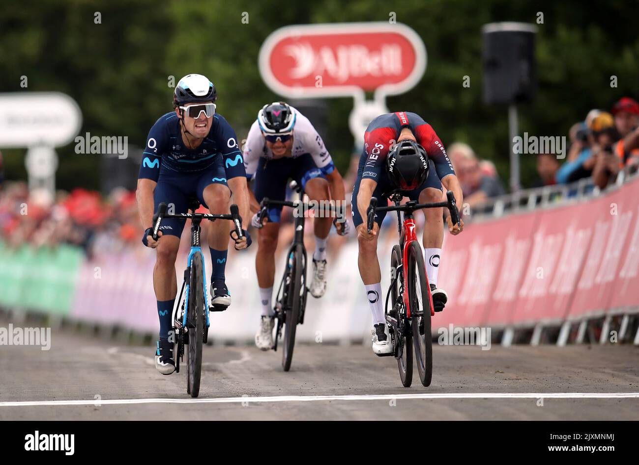 Movistar Team’s Gonzalo Serrano crosses the line ahead of INEOS Grenadiers Thomas Pidcock to win stage four of the AJ Bell Tour of Britain from Redcar to Duncombe Park, Helmsley. Picture date: Wednesday September 7, 2022. Stock Photo