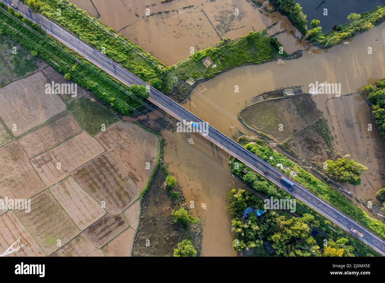Aerial view of Dhaka-Sylhet highway at Sutang bridge Stock Photo