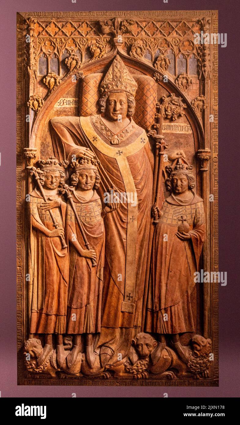 carved medieval wooden panel of Saint Boniface, Mainz cathedral treasury, Germany Stock Photo