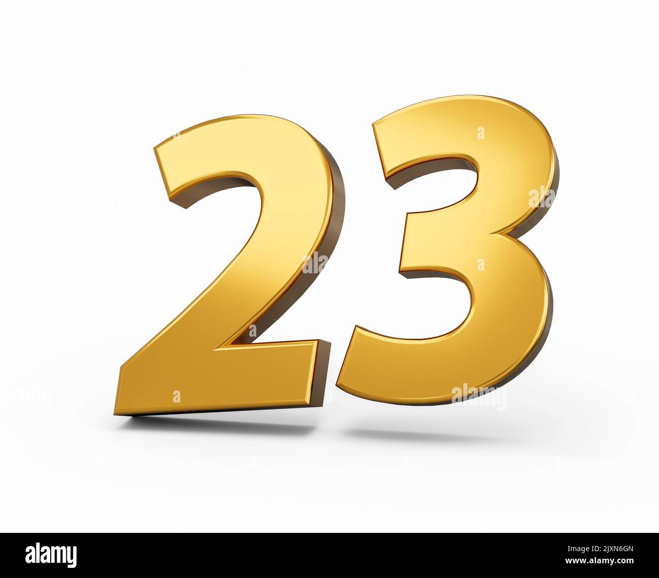 A 3D illustration of a Gold color number 23 Twenty-three isolated white ...