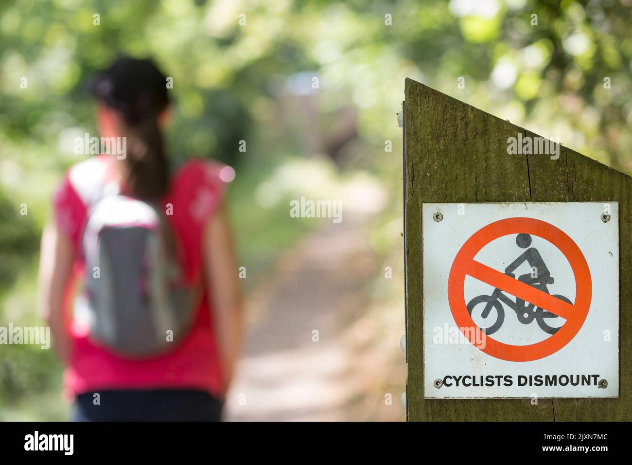 Close up of sign: 'Cyclists Dismount' on a UK canal towpath with rear view of female rambler with rucksack. Stock Photo